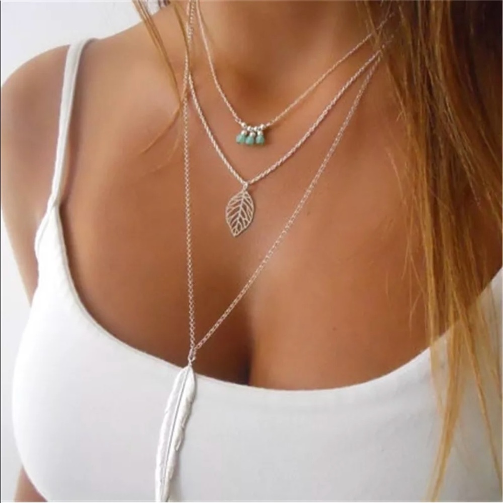 3 Tier feather leaf combined necklaces